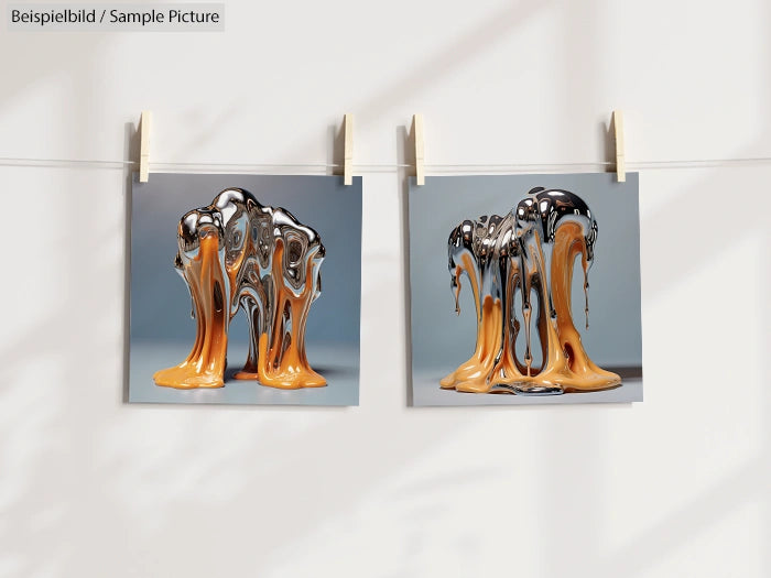 Two abstract photos with silver and gold melting liquid sculptures hanging on a line with clothespins.