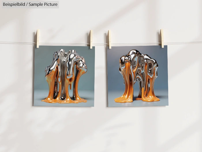 Two abstract, glossy sculptures with silver and copper tones hanging on a line against a neutral background.