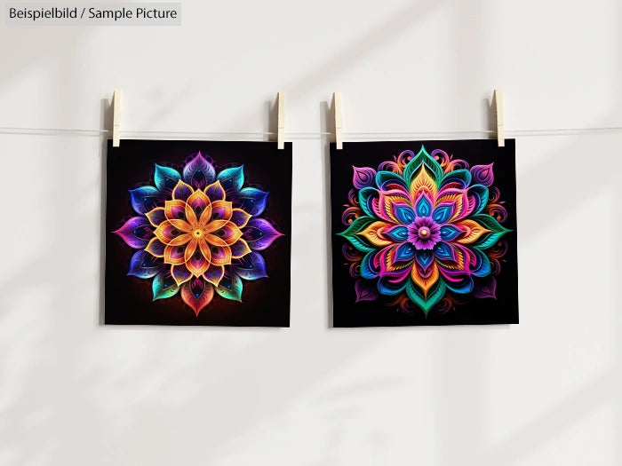 Two colorful mandala art prints on a clothesline, featuring intricate geometric patterns on a black background.