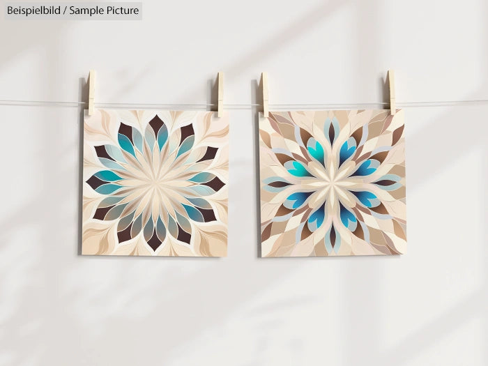 Two decorative mandala designs with blue and brown patterns hanging on a line against a light background.