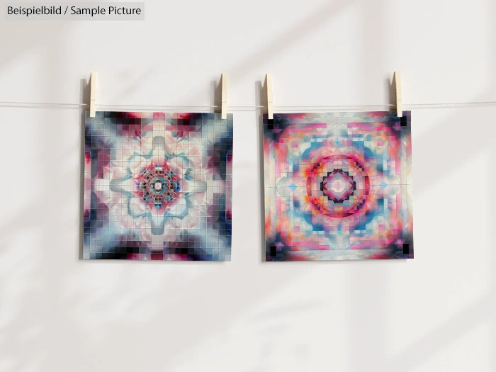 Two geometric abstract paintings with colorful patterns hanging on a line in a bright room.