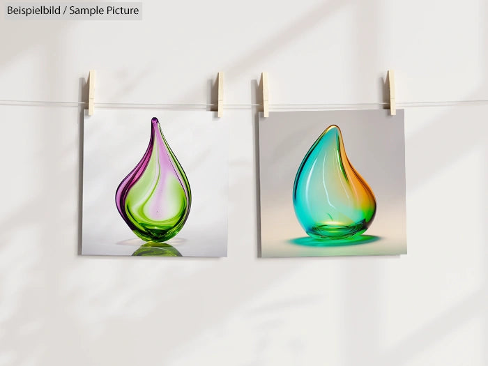 Two glass sculptures: one purple and green, one blue and orange, hanging by clips against a white background.