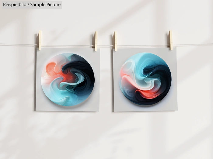 Two abstract paintings with swirling patterns in blue, red, and dark hues hanging on a line with clothespins.