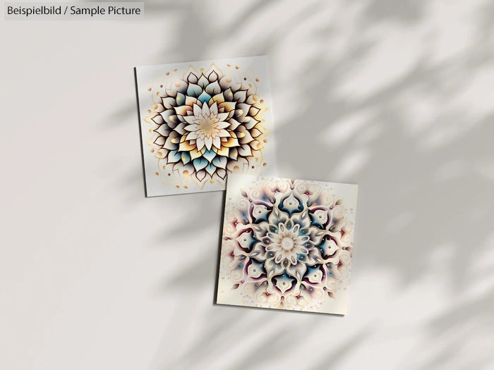 Two square tiles with intricate mandala designs, one with warm colors, another in cool tones, on a shadowed surface.