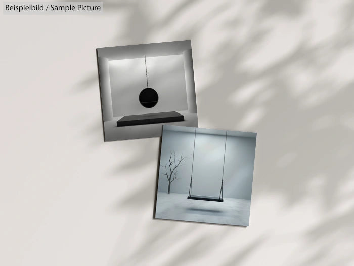 Two black and white minimalist photos of swings, one with a tree, casting shadows on a light background.