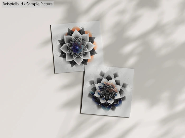 Abstract geometric flower art prints with shadow effects on a light background.