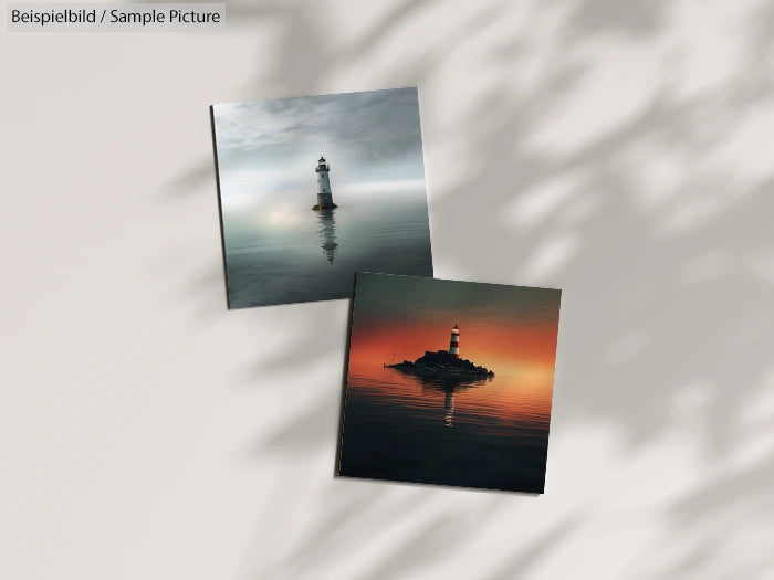 Two lighthouse images, one with a foggy blue sky, the other with a sunset background, placed on a textured surface.