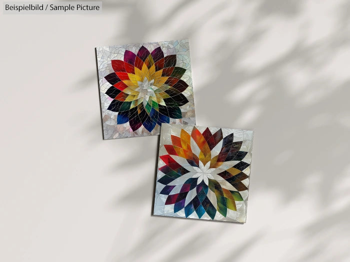 Two mosaic art pieces with colorful geometric petal patterns on a light background.