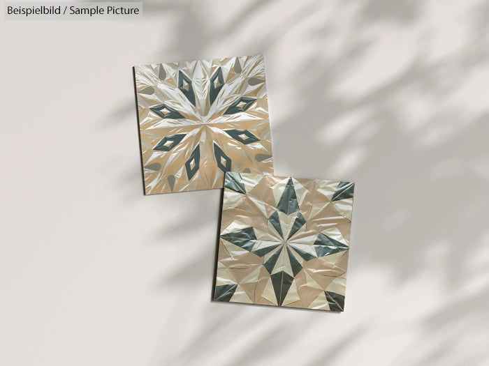 Two decorative tiles with geometric star patterns in beige and green tones, casting soft shadows on a light background.