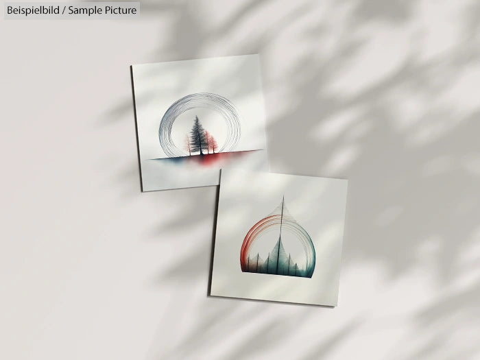 Two abstract landscape paintings with trees and circular designs, casting shadows on a light surface.