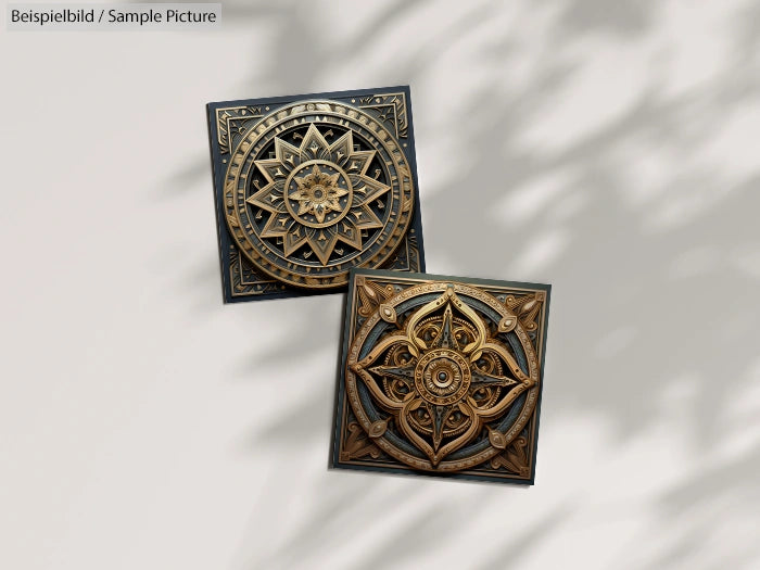 Two intricately designed square metallic medallions with detailed star patterns, casting shadows on a light background.