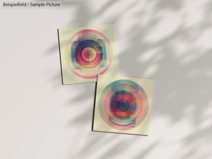 Abstract art with colorful circular patterns displayed on two canvases against a light wall.