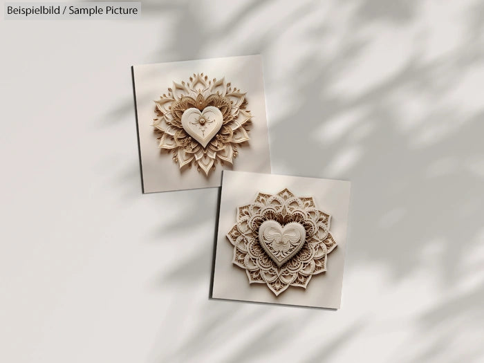 Two intricate paper art designs with heart motifs on square panels, casting shadows on a neutral background.