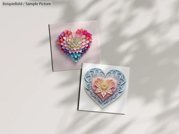 Two 3D floral heart-shaped artworks in pastel colors on white backgrounds.