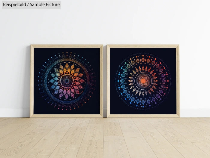 Two framed mandala art pieces with colorful patterns on a wooden floor against a white wall.