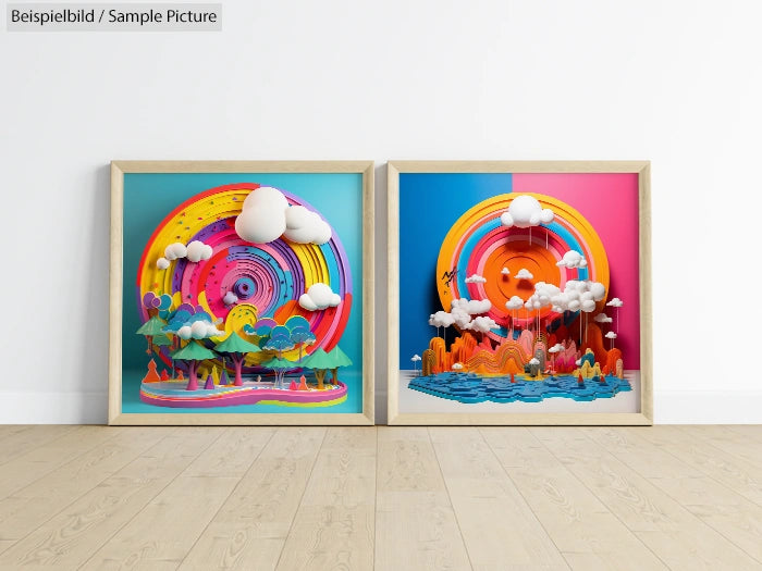 Two framed 3D artworks with colorful landscapes on wooden floor, featuring clouds and vibrant circular designs.