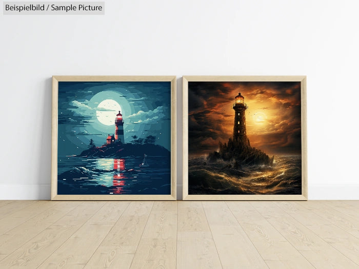 Two framed lighthouse artworks on a wooden floor against a white wall, one with a moonlit sea, the other with a stormy sunset.