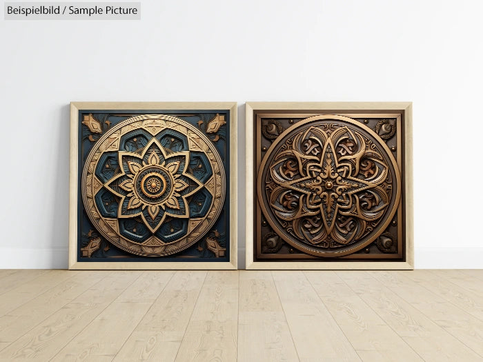 Two ornate square wooden panels with intricate floral patterns, one in gold and blue, the other in bronze and brown.