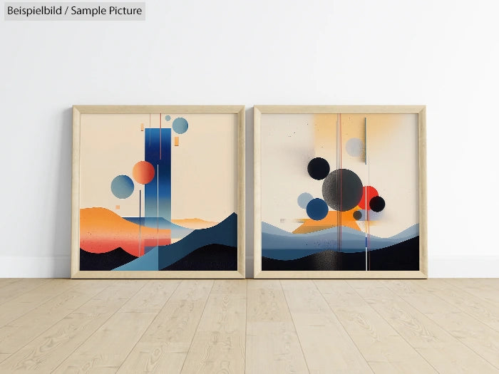 Two abstract geometric paintings with circles and vertical lines in warm and cool tones, displayed in wooden frames.