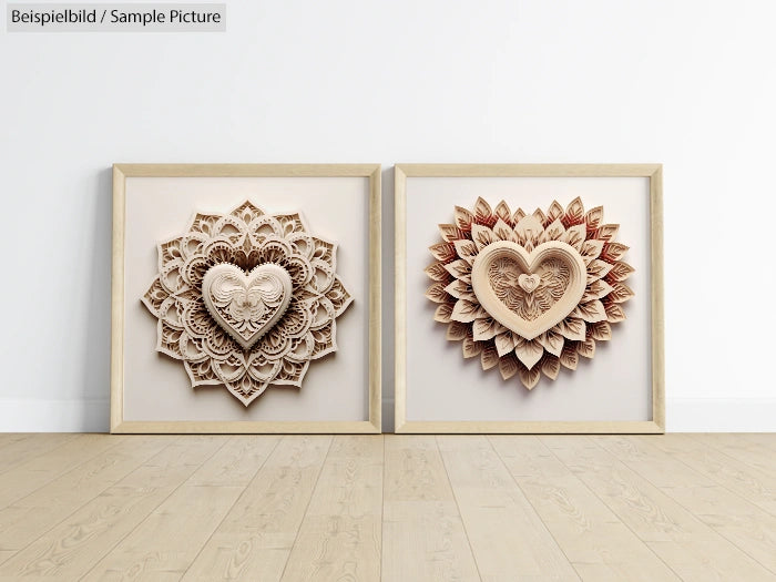 Two framed heart art pieces with intricate, layered paper designs on a wooden floor against a white wall.