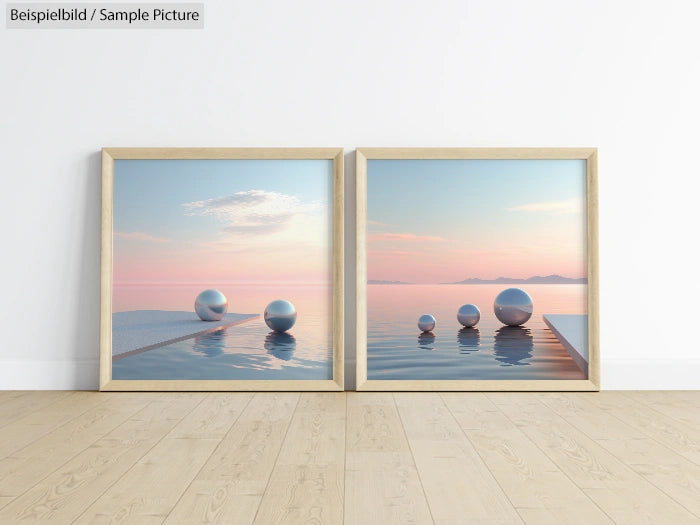 Two framed artworks on a floor, depicting surreal landscapes with spheres floating on water at sunset.