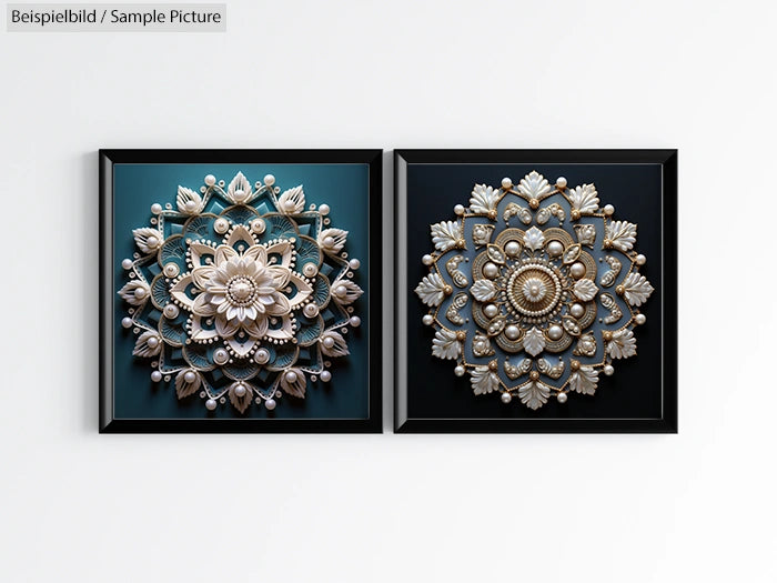 Two framed mandala designs with intricate floral patterns in white and gold on dark backgrounds.