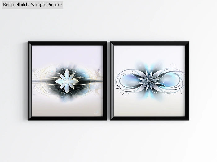 Framed abstract art with intersecting floral and wave-like patterns in blue and white, displayed on a white wall.