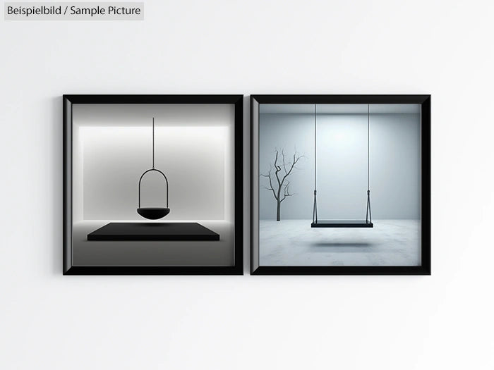 Two minimalist framed artworks: one with a suspended bowl, and the other features an empty swing and a bare tree.