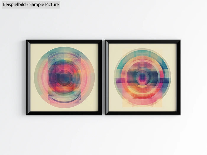 Two framed abstract art pieces with colorful concentric circles on a white wall.