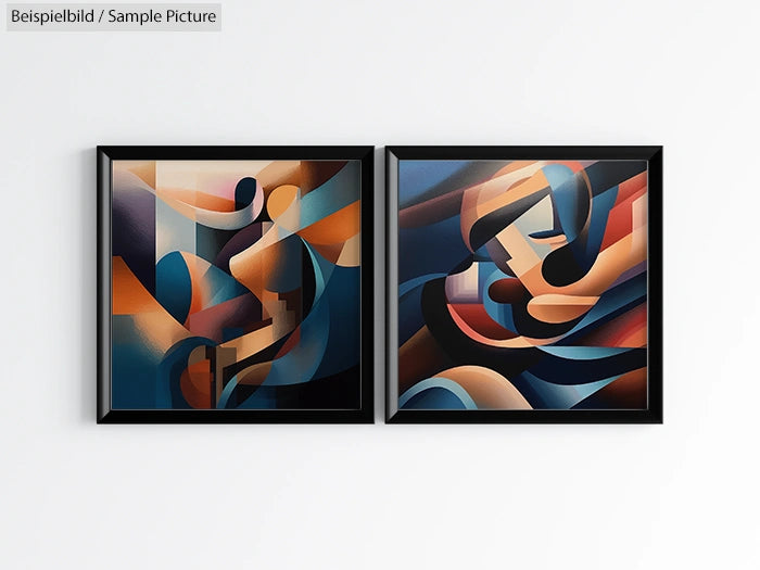 Two framed abstract paintings; left features geometric shapes, right showcases swirling curves in warm and cool tones.