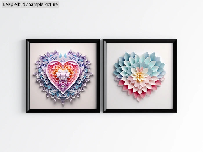 Framed paper art of a heart and a floral design on a white wall.