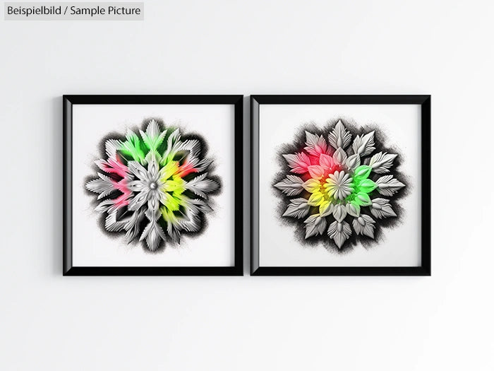 Two framed abstract artworks with colorful, layered floral patterns on a wall.