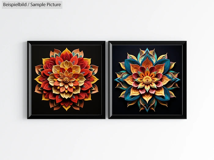 Two framed floral patterns with intricate layered petals, one in warm reds and yellows, the other in blues and browns.