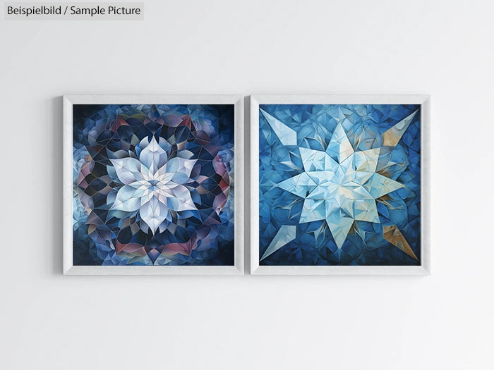 Framed digital mosaic artwork with abstract floral designs in blue and purple hues, displayed on a white wall.