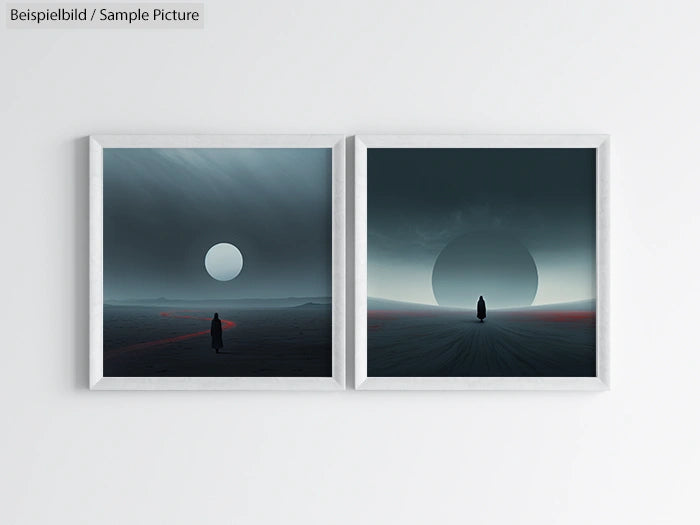 Two framed surreal artworks with solitary figures under large circular shapes in dark atmospheric landscapes.