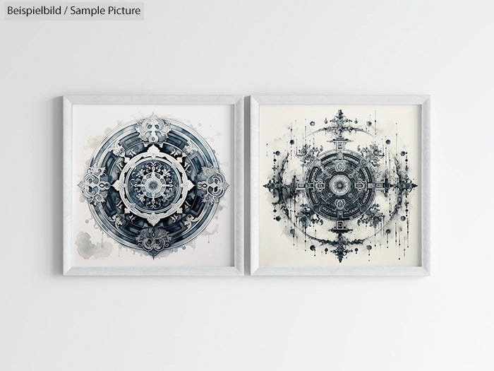 Two framed symmetrical abstract artworks with intricate geometric designs in monochrome shades, on a white wall.