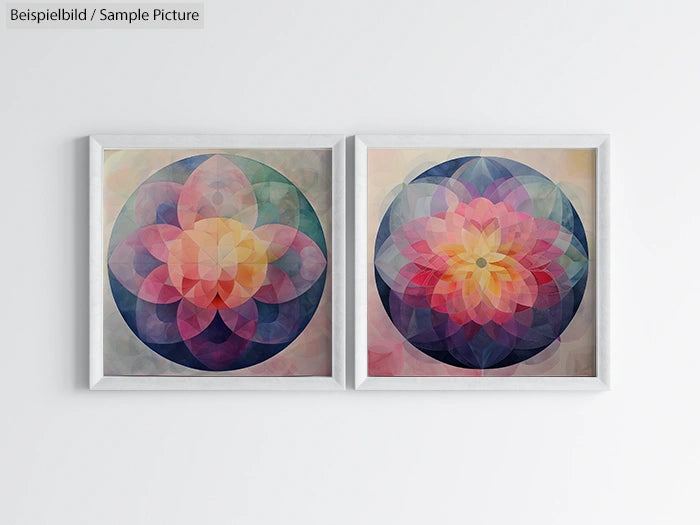 Two framed geometric mandala art pieces with vibrant, overlapping colors displayed on a white wall.