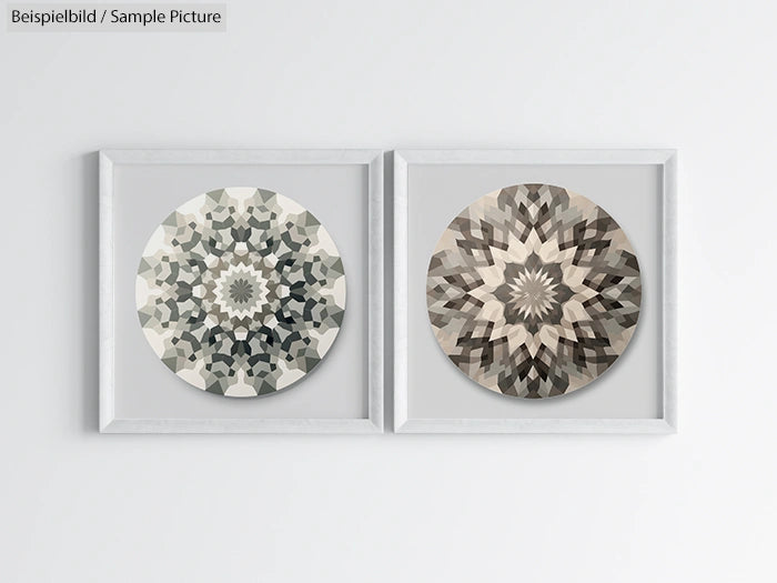 Two framed geometric mandalas in grayscale shades on a white wall.