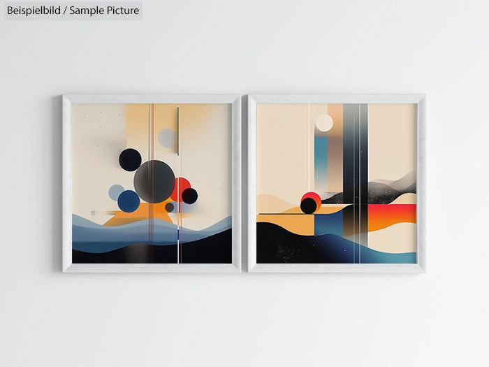 Abstract art with geometric shapes and gradient tones, featuring circles and lines in framed dual compositions.