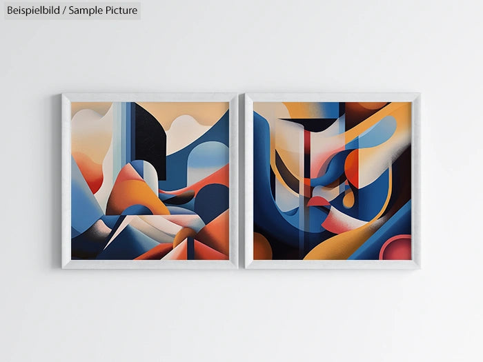 Two abstract paintings with colorful geometric shapes in white frames on a wall.