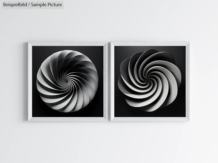 Two framed abstract artworks featuring spiral designs in black and white, mounted on a white wall.