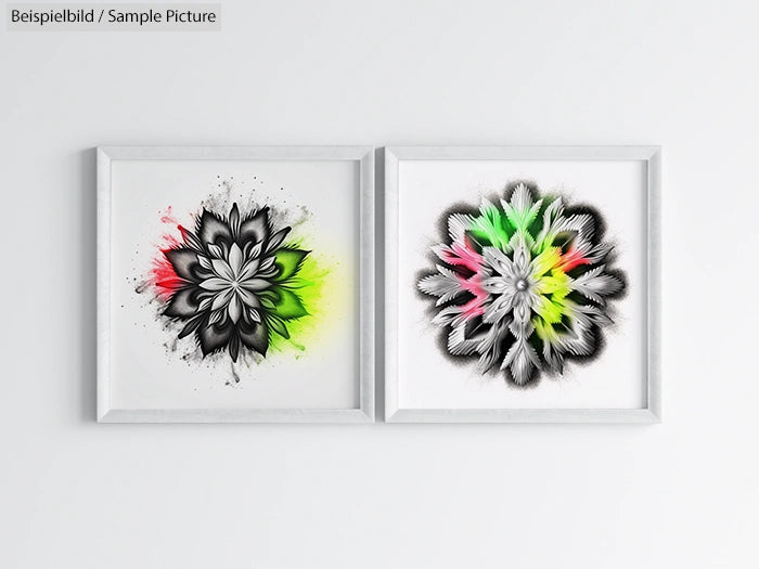 Two abstract floral art prints with black, neon green, pink, and yellow tones in white frames.