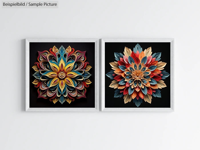 Two framed floral art pieces with intricate patterns in vibrant colors on a white wall.