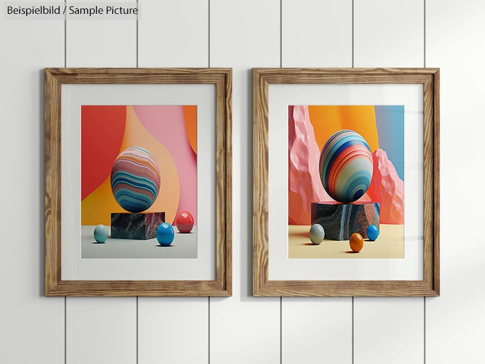 Framed abstract artworks of colorful marble sculptures with spheres, set against vibrant backgrounds on white wall.