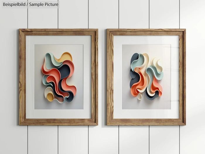 Two framed abstract art pieces with multicolored wave patterns, displayed on a white textured wall.