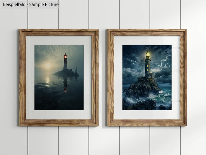 Two framed lighthouse photographs on a wooden panel wall; one in fog, the other in a stormy sea.