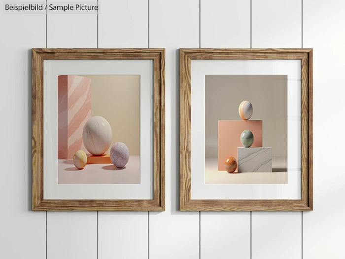 Two framed art prints of colorful spheres on geometric backgrounds, mounted on a white paneled wall.