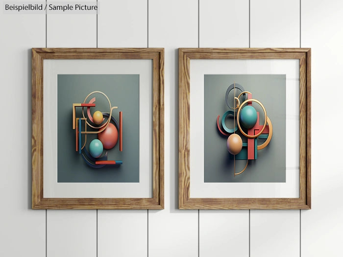 Two framed abstract art prints with geometric shapes on a wall with wood paneling.