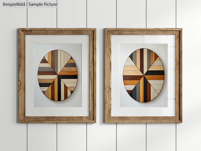 Two framed wooden pie chart artworks with varied wood tones on a white panel wall.