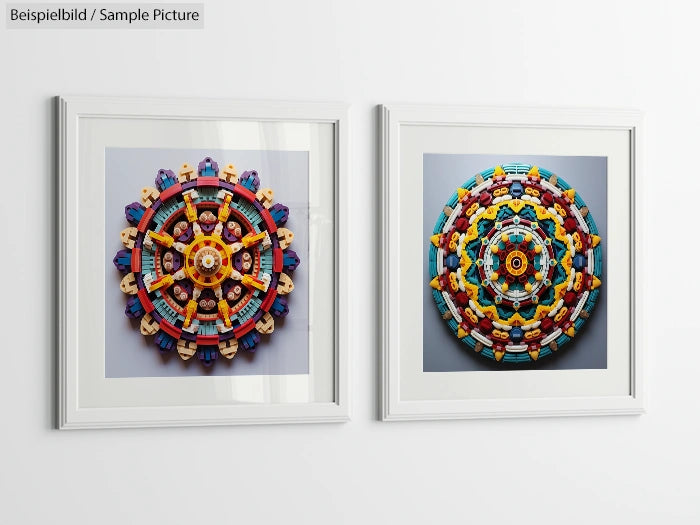 Two framed circular abstract artworks featuring colorful geometric patterns and shapes on a white wall.